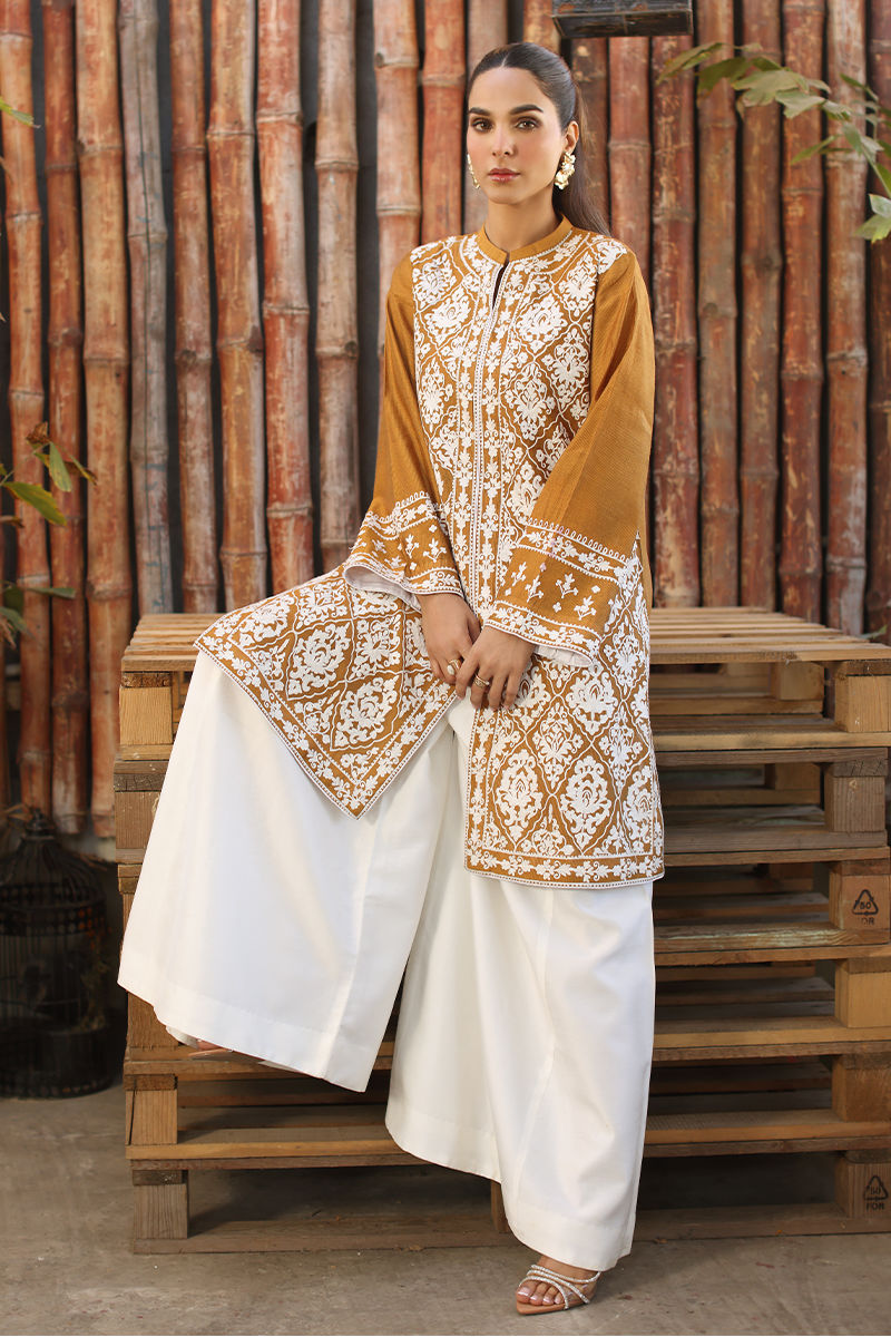 Mustard Embroidered Cotton Net Salwar Kameez (2-Piece) - Image 3