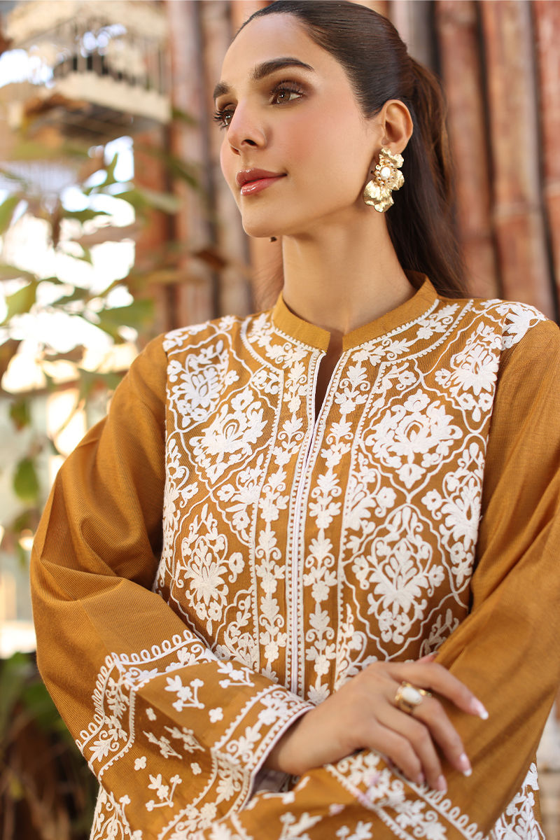 Mustard Embroidered Cotton Net Salwar Kameez (2-Piece) - Image 5