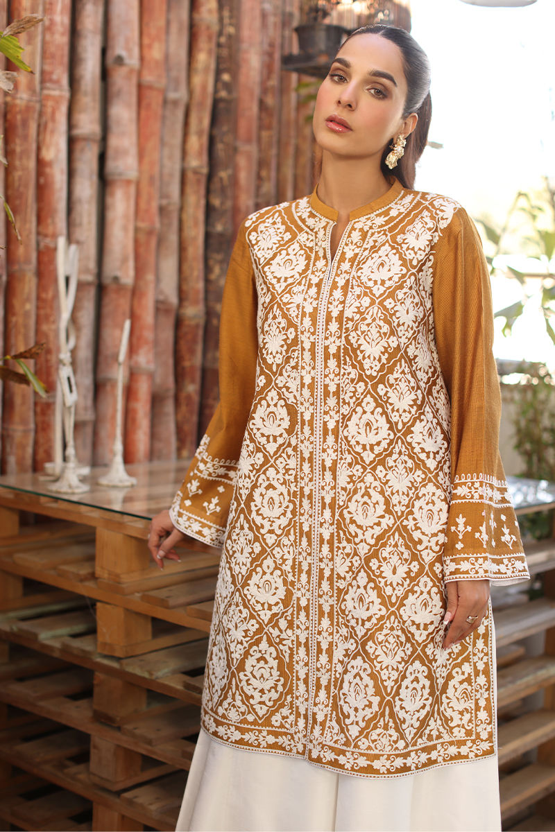 Mustard Embroidered Cotton Net Salwar Kameez (2-Piece) - Image 6