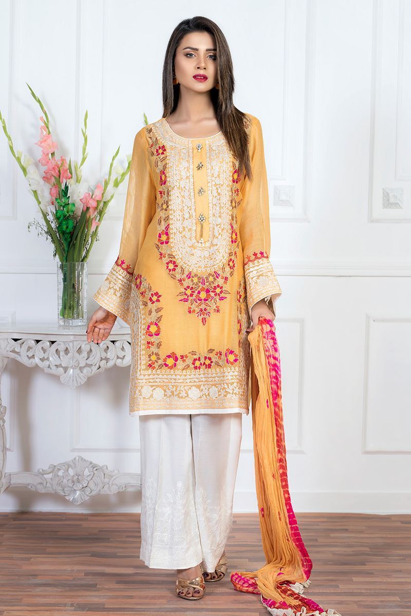 Pakistani Yellow Embroidered Cotton Net Salwar Kameez (3-Piece) - Image 1