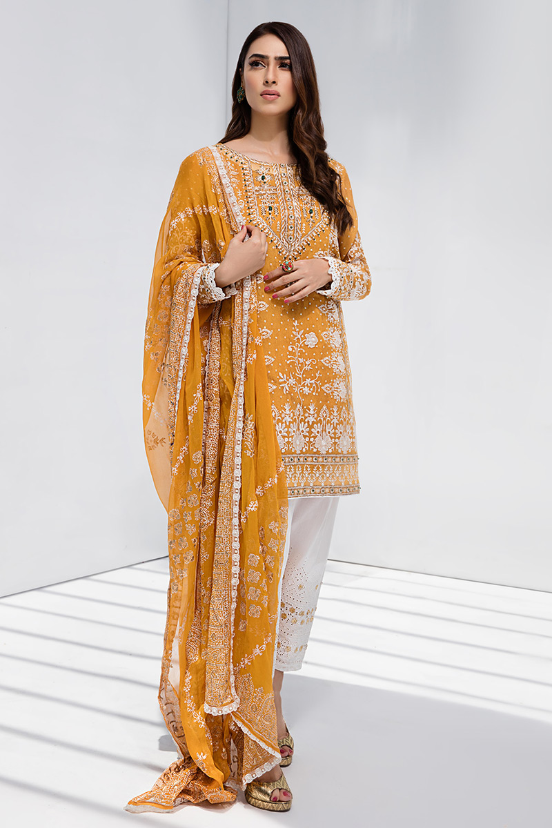 Saffron Embroidered Cotton Net Salwar Kameez (3-Piece) - Image 1