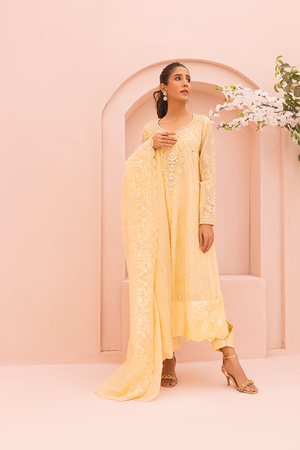 Pakistani Yellow Embroidered Cotton Net Salwar Kameez (3-Piece) - Image 3
