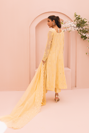 Pakistani Yellow Embroidered Cotton Net Salwar Kameez (3-Piece) - Image 4