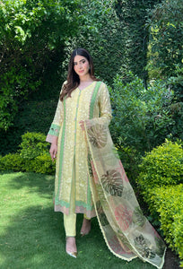 Pakistani Marigold Yellow Embroidered Cotton Net Salwar Kameez (3-Piece) - Image 1