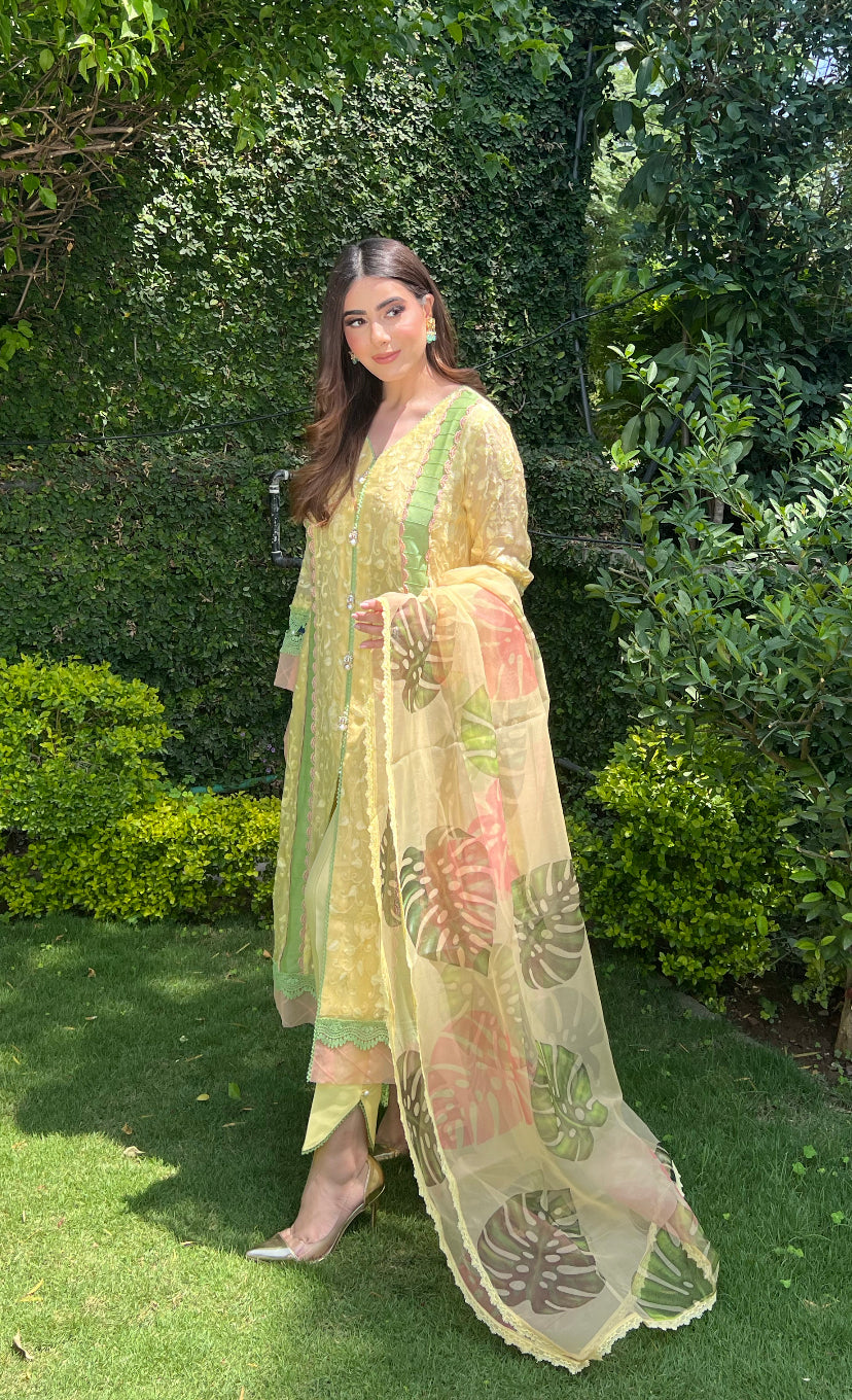 Pakistani Marigold Yellow Embroidered Cotton Net Salwar Kameez (3-Piece) - Image 4