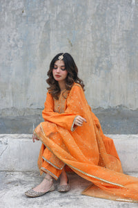 Mustard Embroidered Cotton Net Salwar Kameez (3-Piece) - Image 1