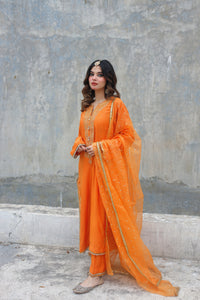 Mustard Embroidered Cotton Net Salwar Kameez (3-Piece) - Image 4
