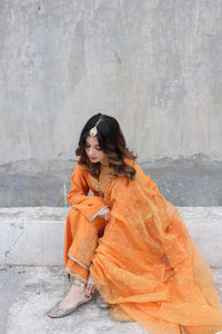 Mustard Embroidered Cotton Net Salwar Kameez (3-Piece) - Image 5