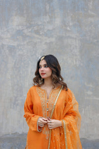 Mustard Embroidered Cotton Net Salwar Kameez (3-Piece) - Image 6
