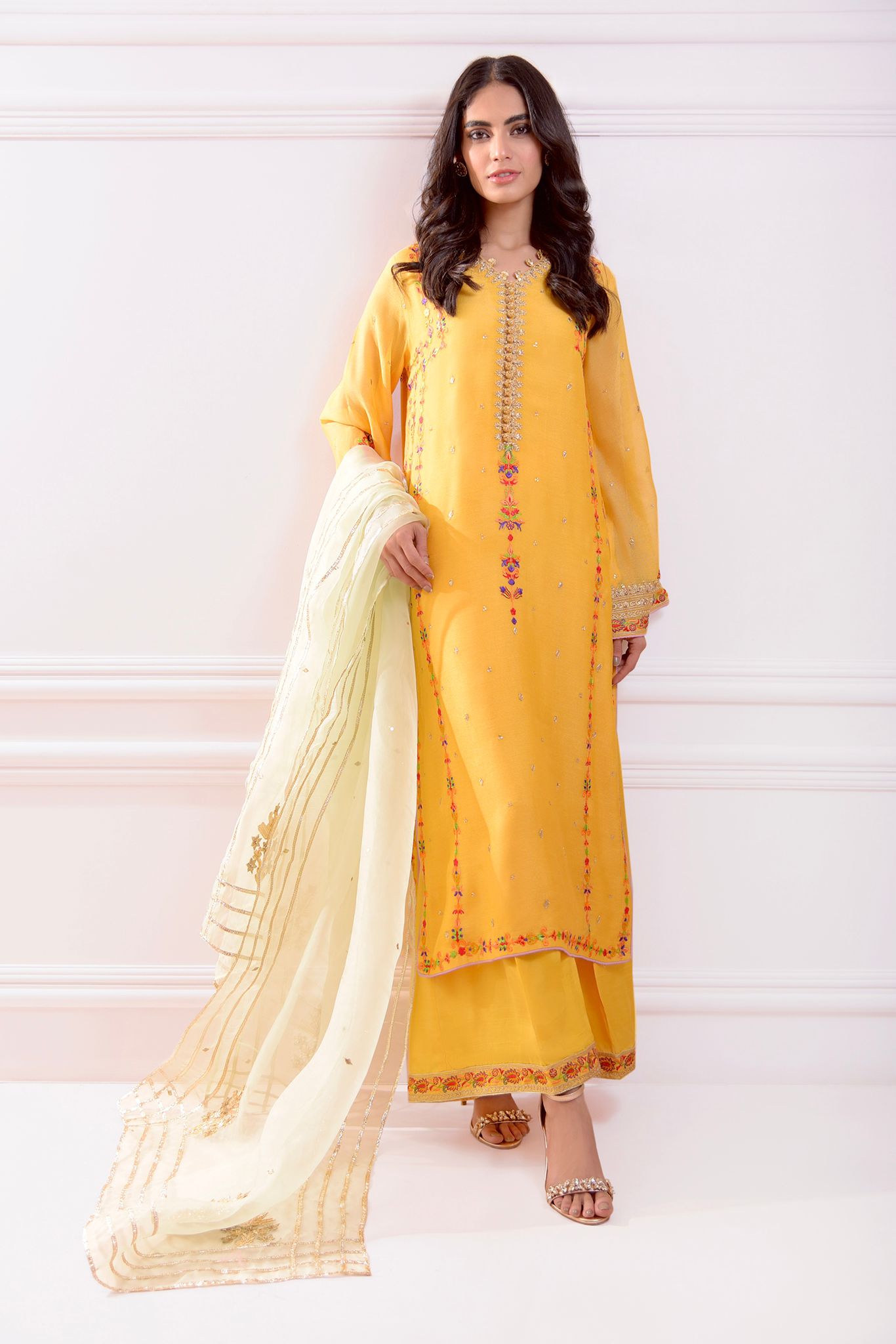Mustard Zardozi Embroidered Cotton Net Salwar Kameez (3-Piece) - Image 1