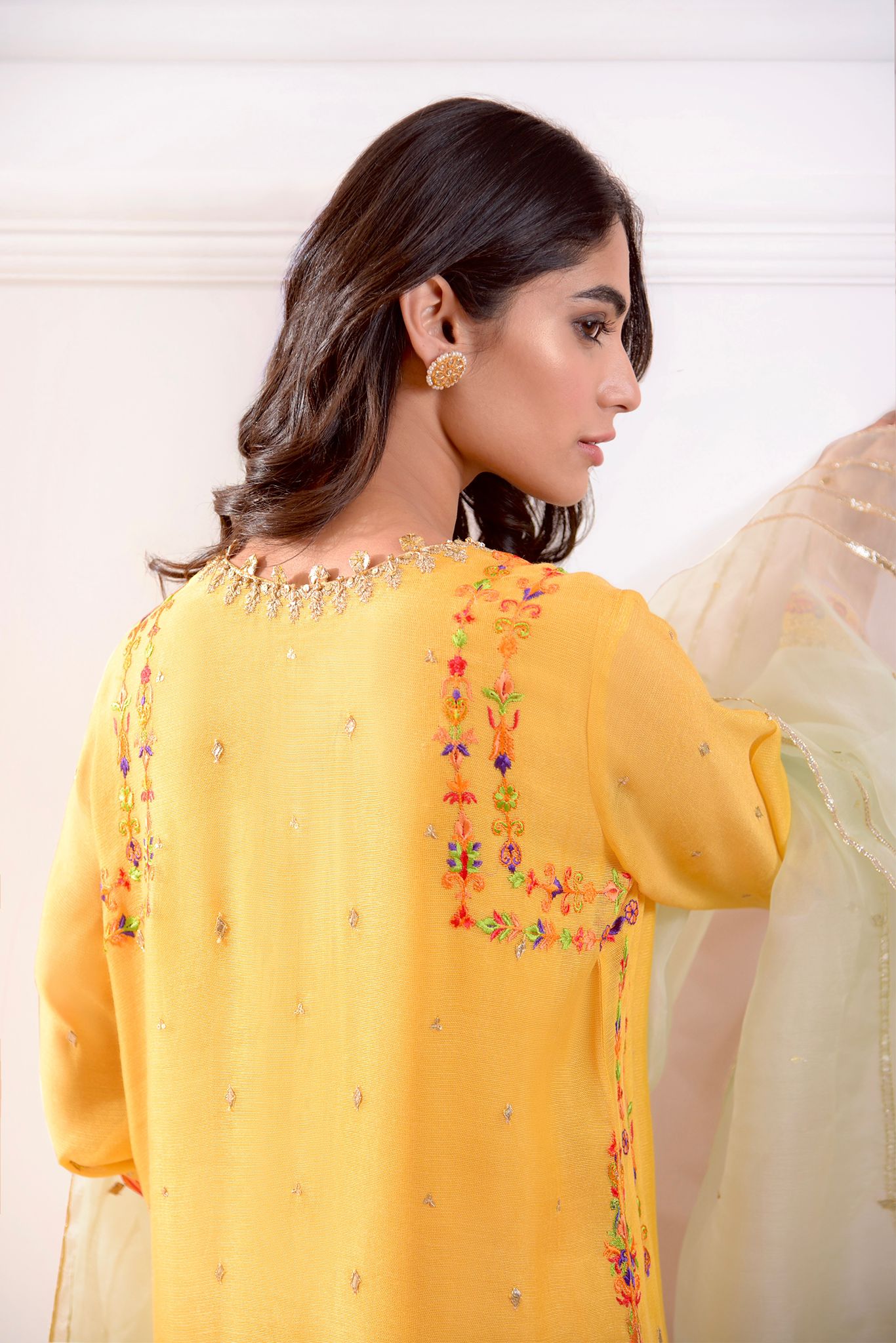 Mustard Zardozi Embroidered Cotton Net Salwar Kameez (3-Piece) - Image 3