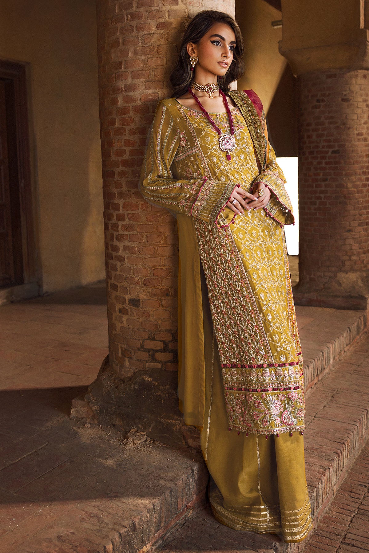 Mustard Embroidered Crinkle Chiffon Salwar Kameez (3-Piece) - Image 2