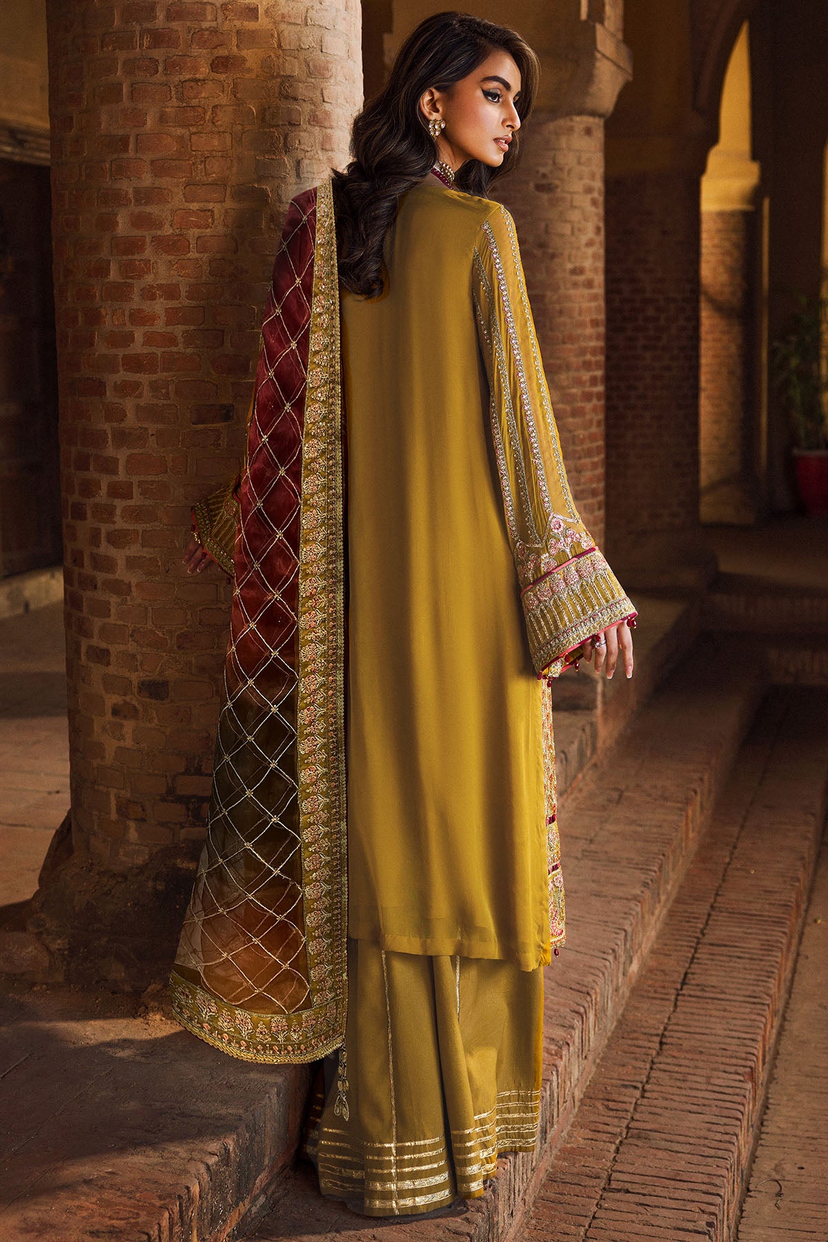 Mustard Embroidered Crinkle Chiffon Salwar Kameez (3-Piece) - Image 3