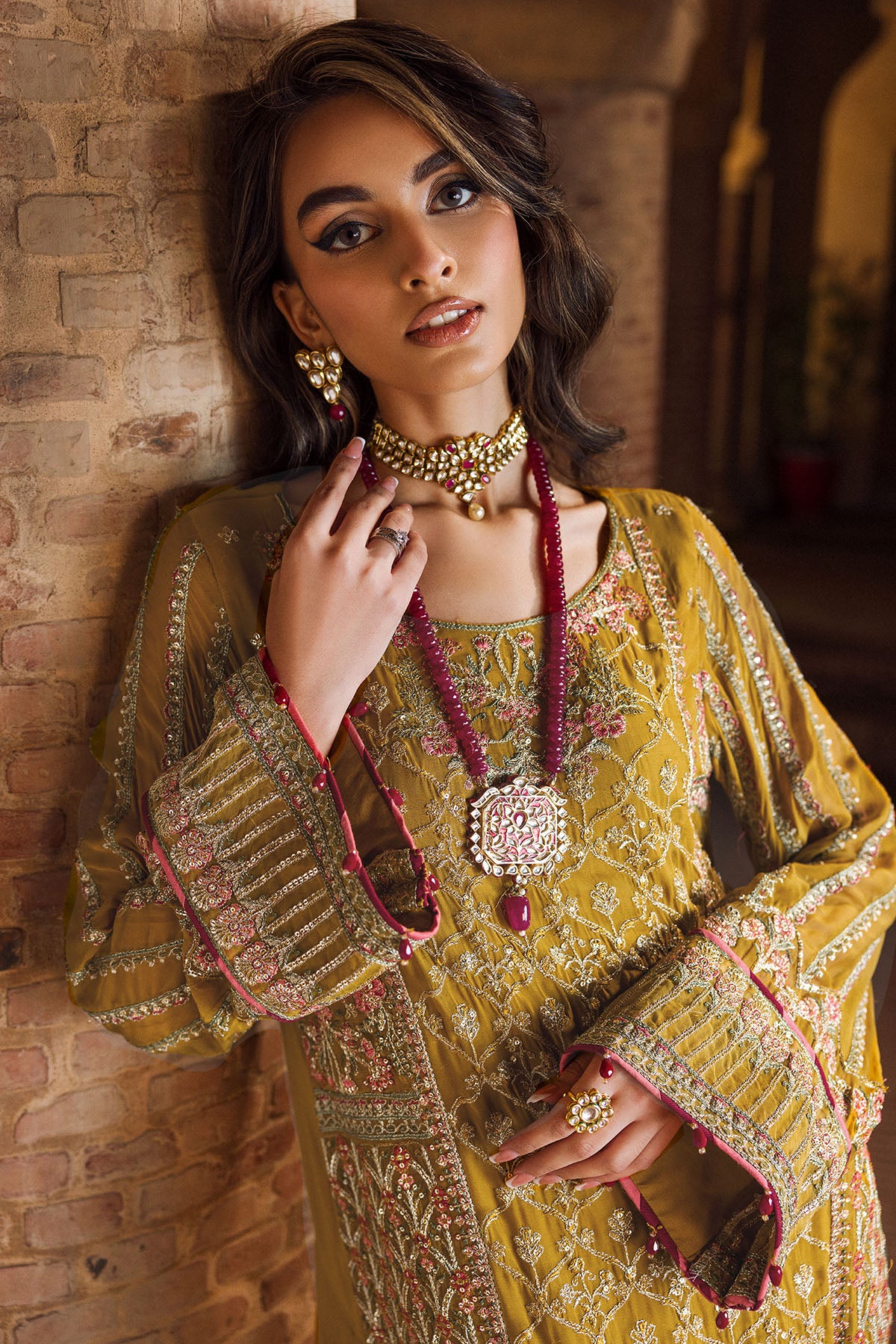Mustard Embroidered Crinkle Chiffon Salwar Kameez (3-Piece) - Image 6
