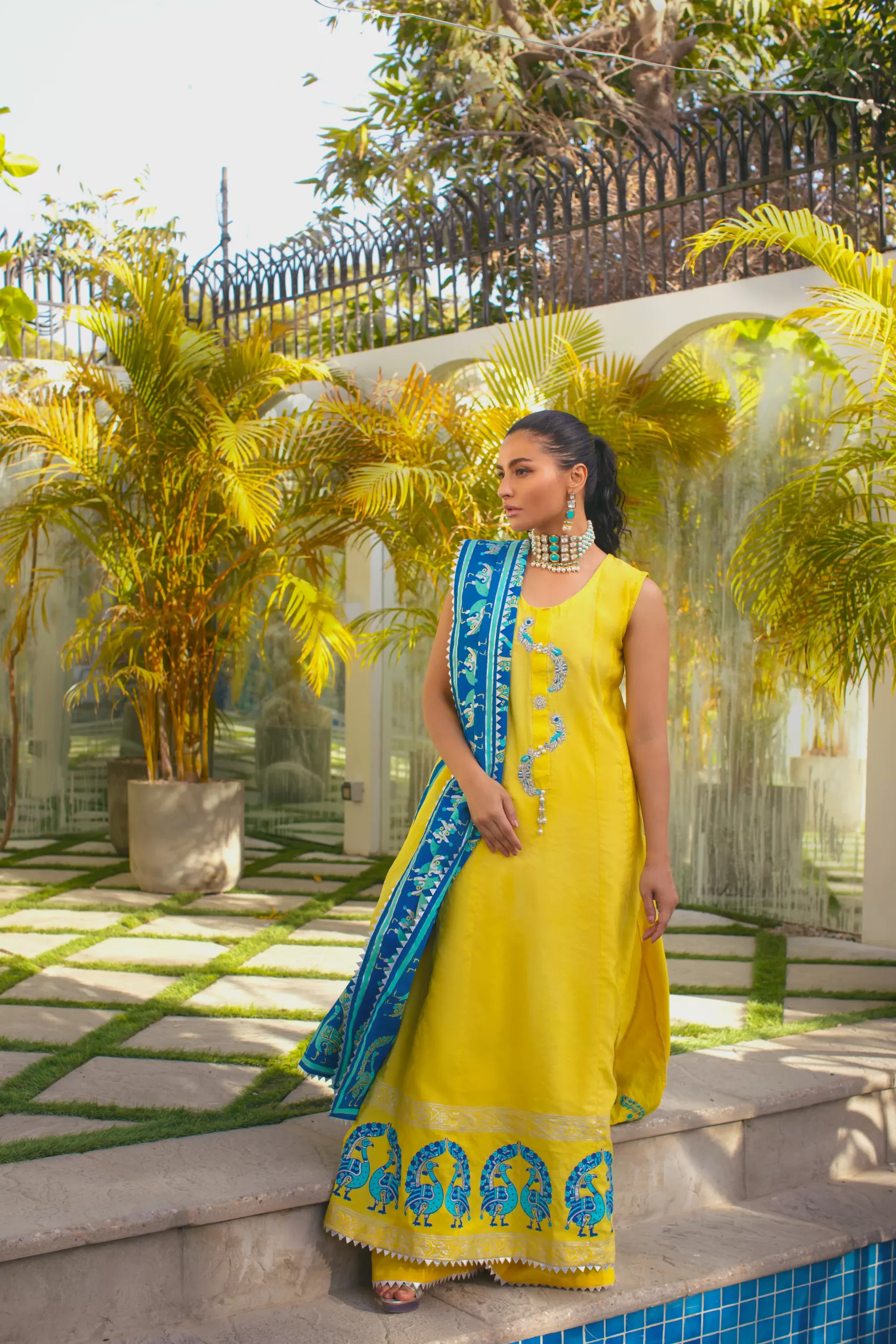 Yellow Block Printed Long Shirt 3-Piece - Image 2