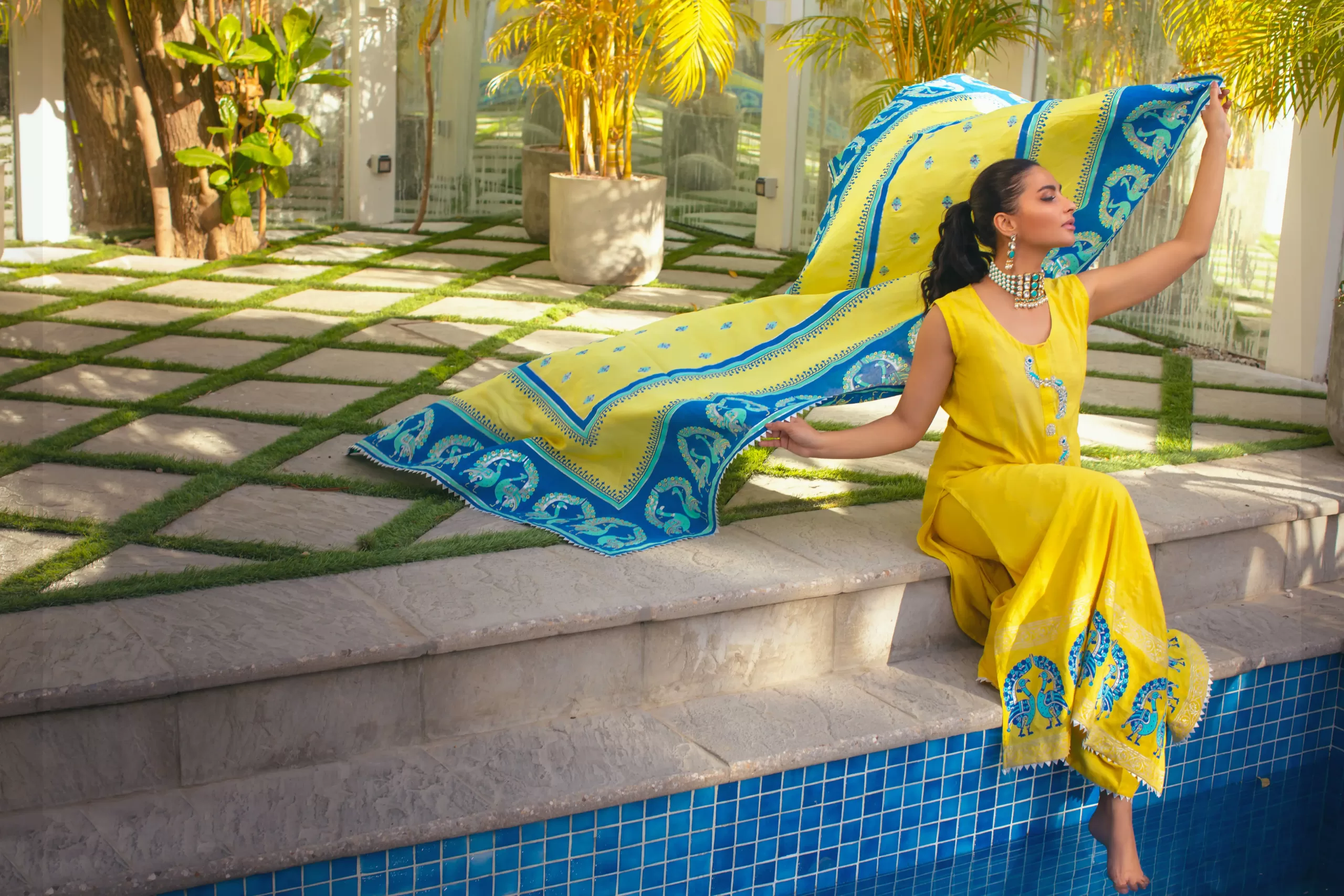 Yellow Block Printed Long Shirt 3-Piece - Image 5