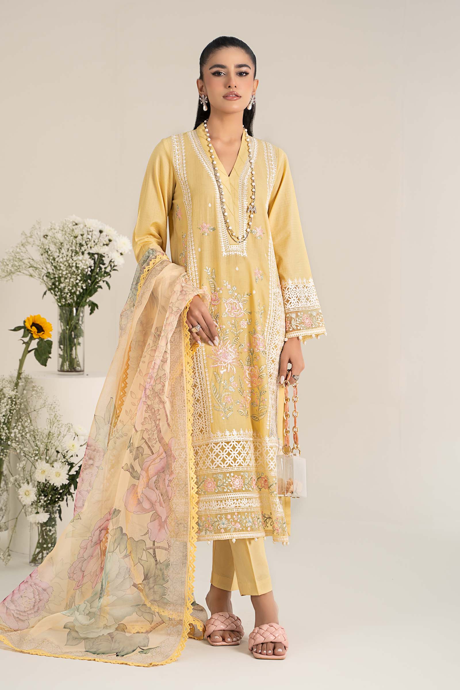 Pakistani Yellow Embroidered Dobby Lawn 3-Piece Suit - Image 1