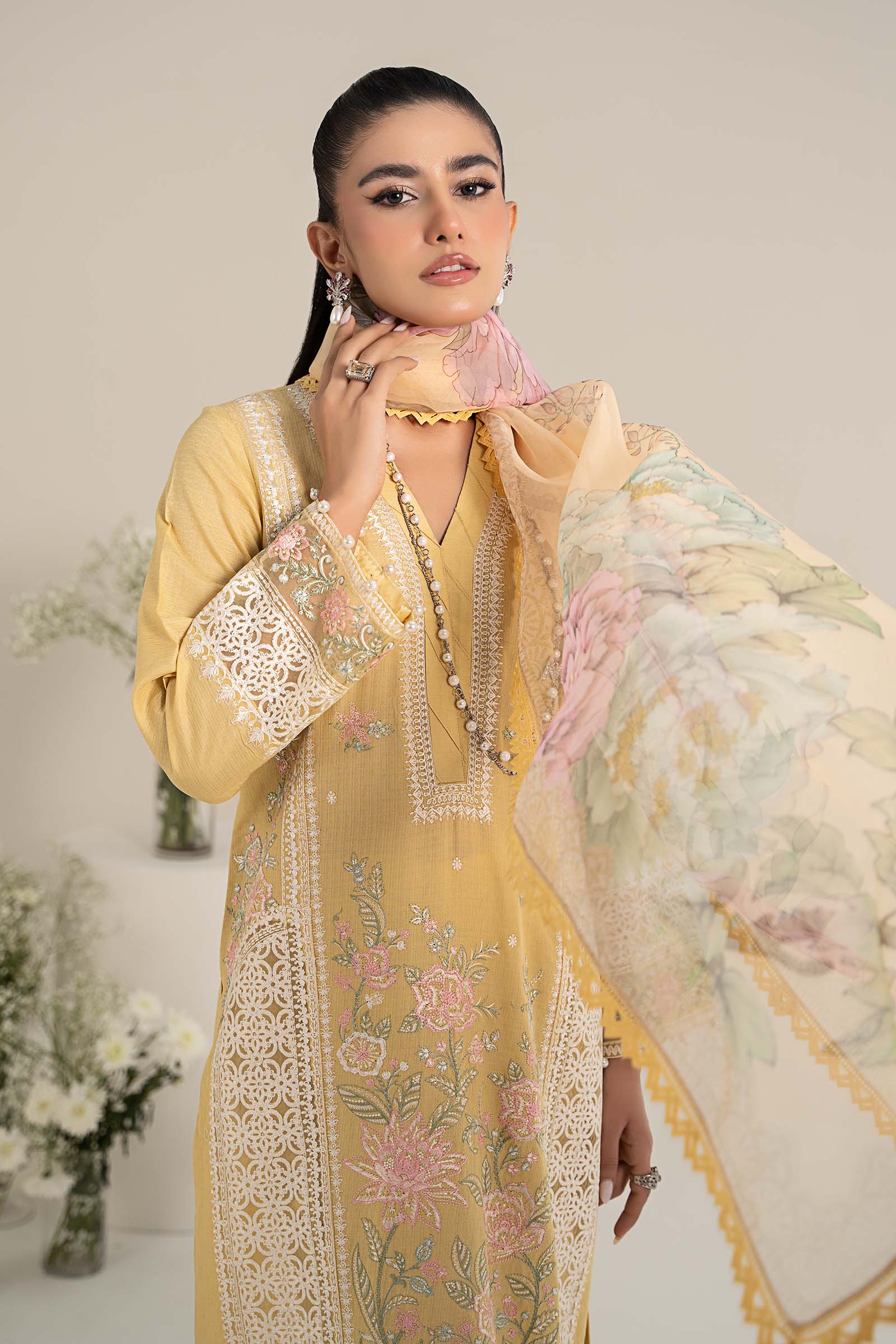Pakistani Yellow Embroidered Dobby Lawn 3-Piece Suit - Image 2