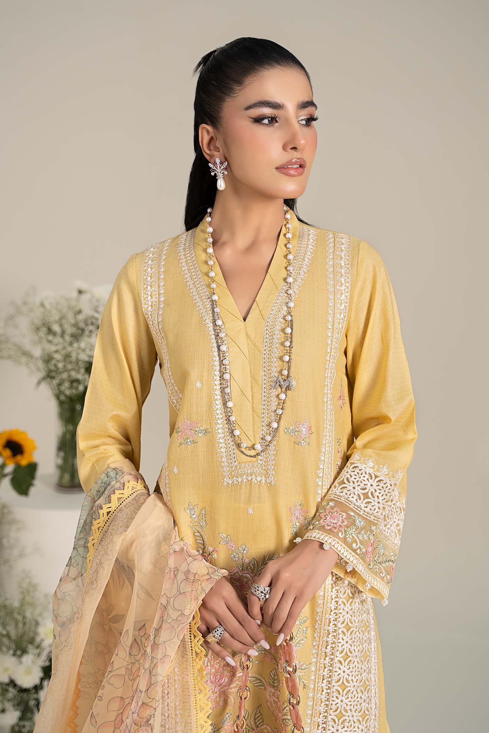 Pakistani Yellow Embroidered Dobby Lawn 3-Piece Suit - Image 3