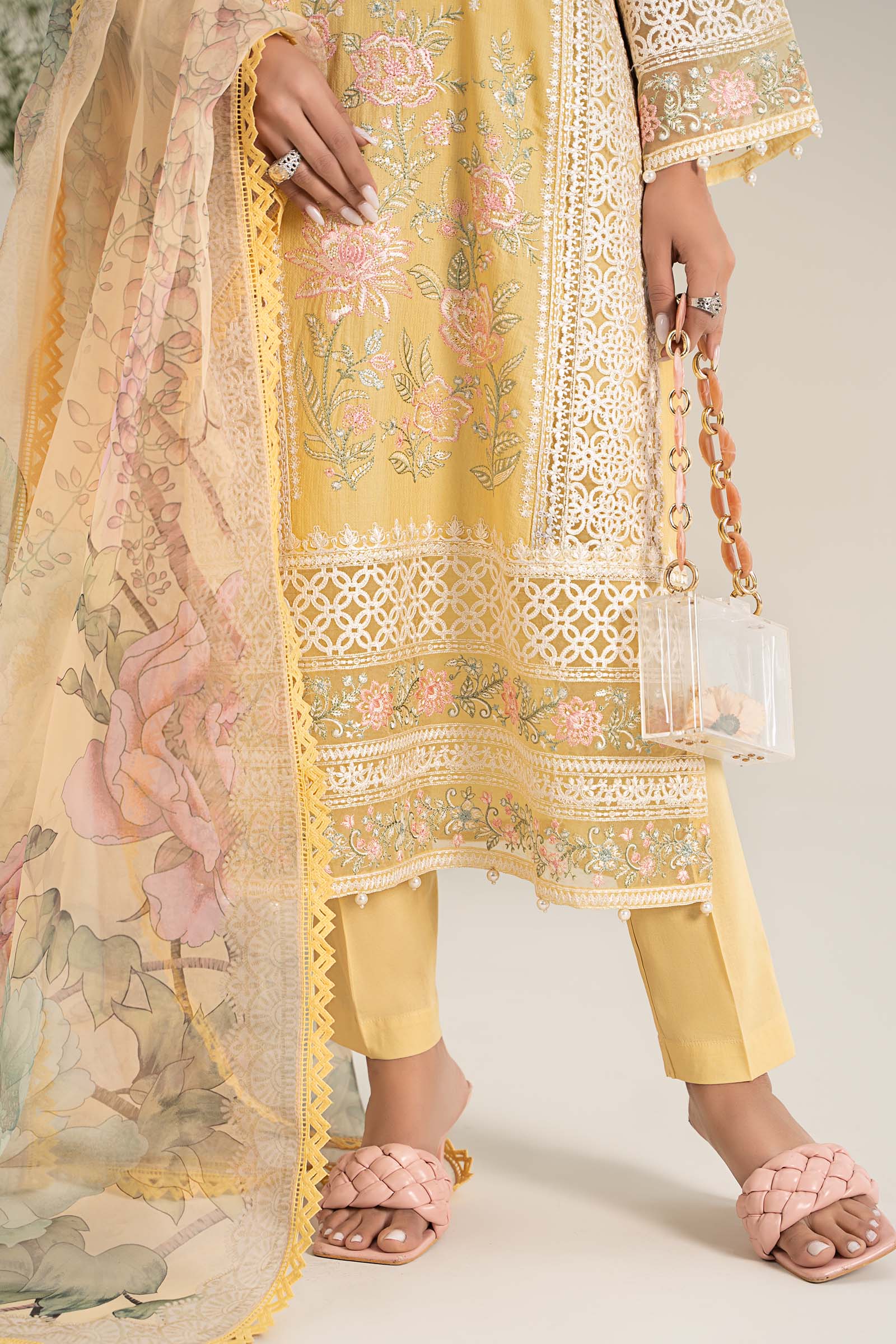 Pakistani Yellow Embroidered Dobby Lawn 3-Piece Suit - Image 4