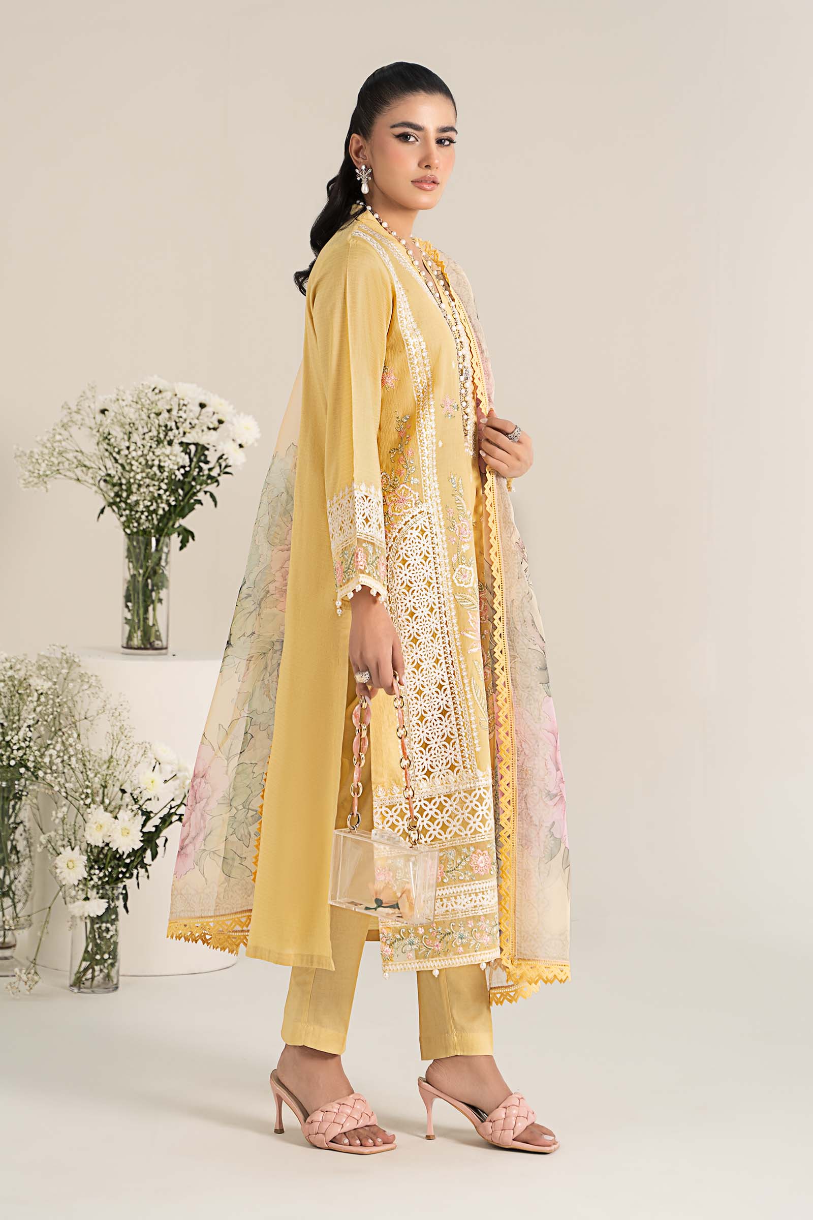 Pakistani Yellow Embroidered Dobby Lawn 3-Piece Suit - Image 5