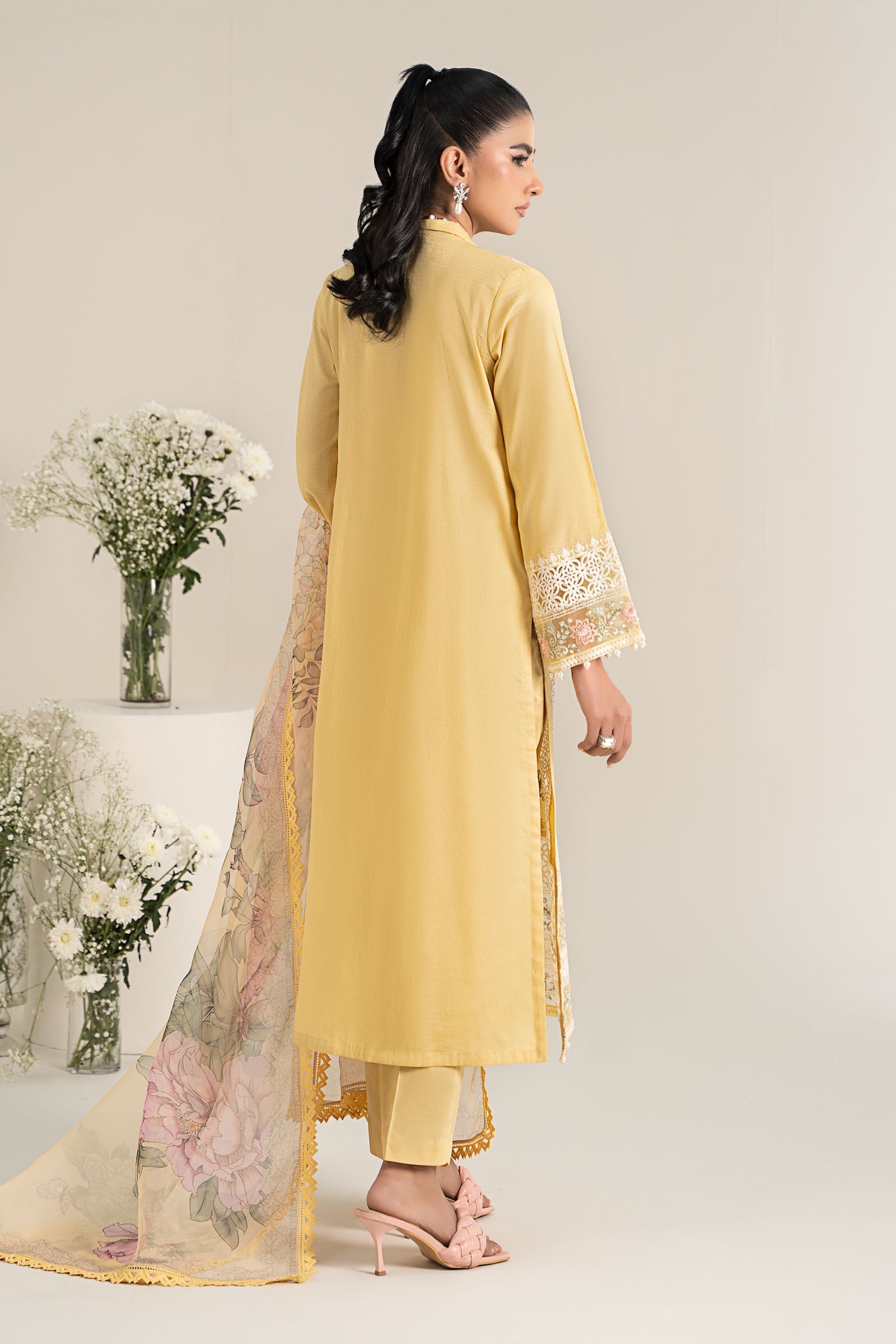 Pakistani Yellow Embroidered Dobby Lawn 3-Piece Suit - Image 6