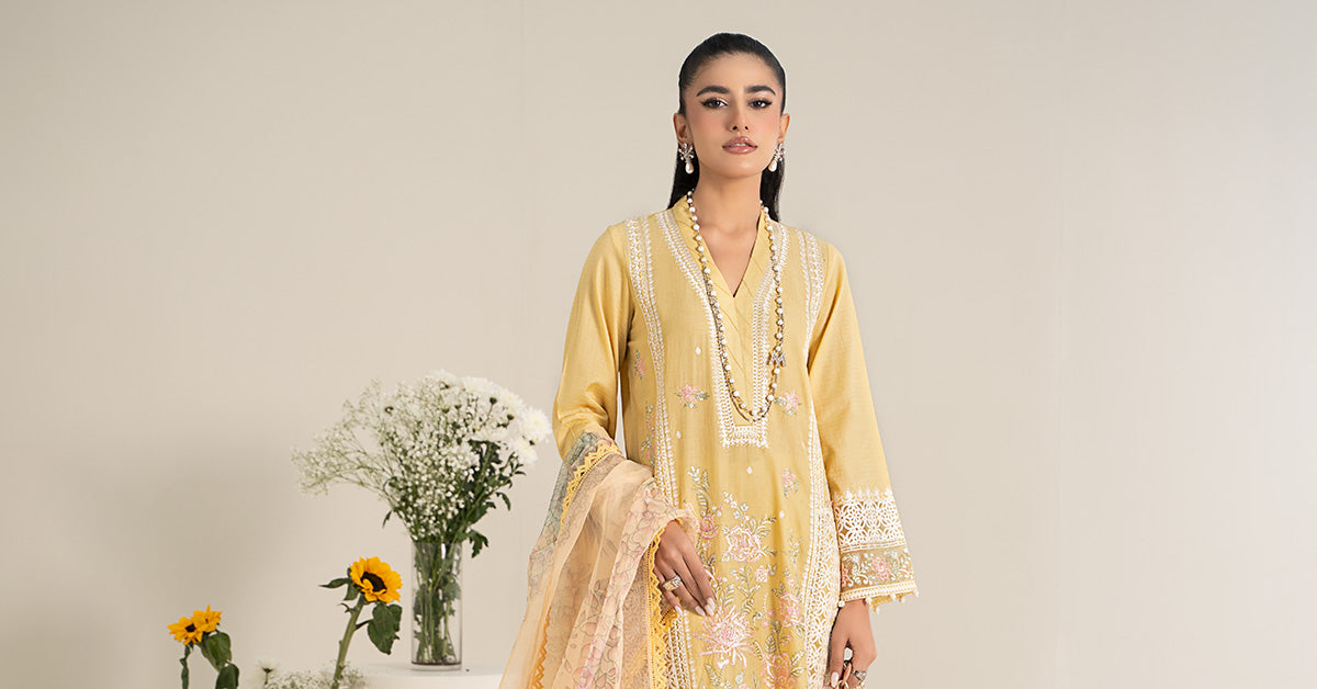 Pakistani Yellow Embroidered Dobby Lawn 3-Piece Suit - Image 7