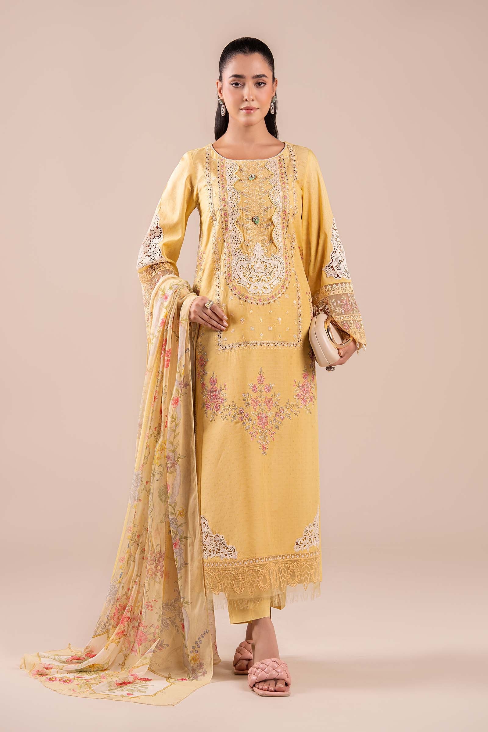 Yellow Embroidered Dobby Salwar Kameez (3-Piece) - Image 1