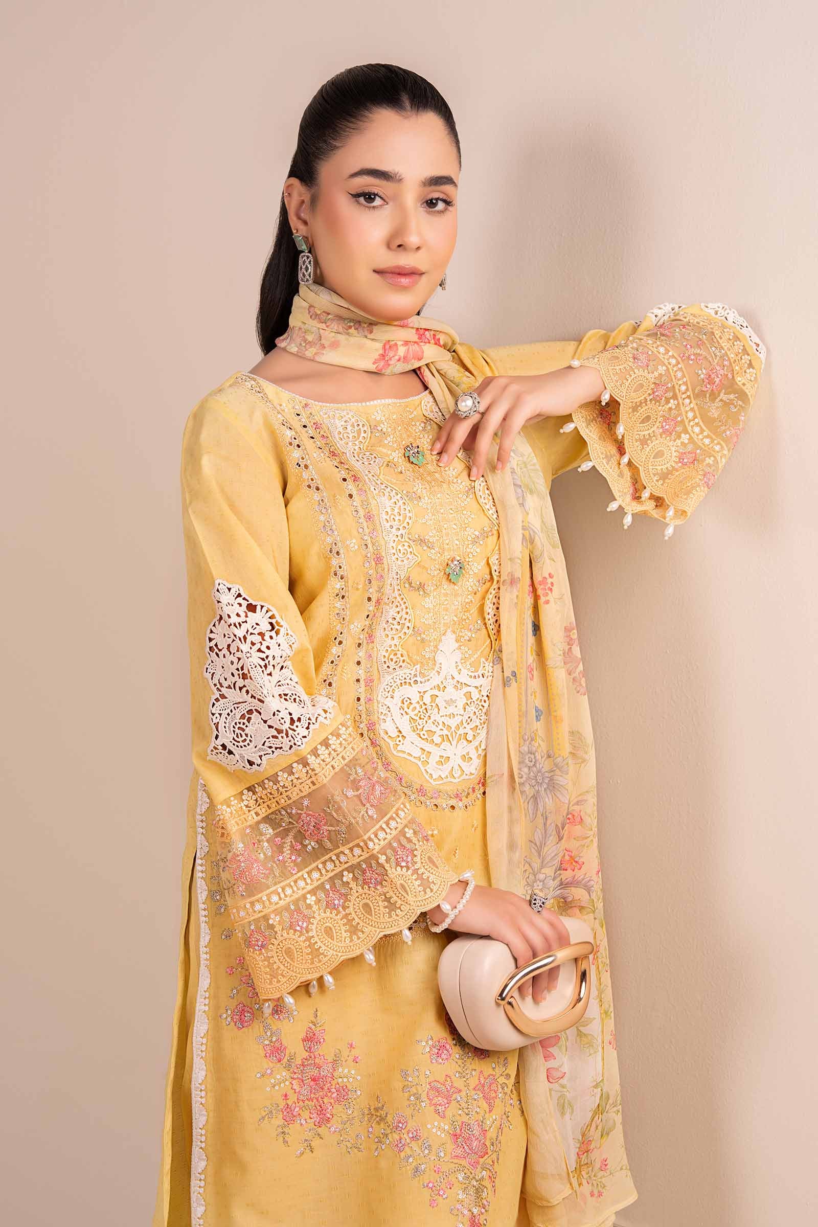 Yellow Embroidered Dobby Salwar Kameez (3-Piece) - Image 2