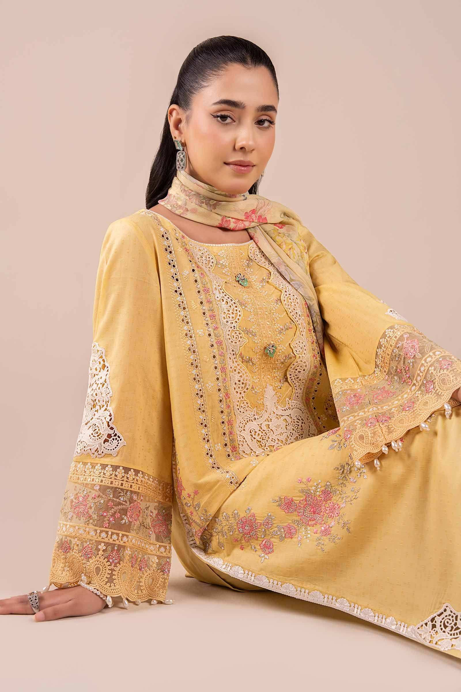 Yellow Embroidered Dobby Salwar Kameez (3-Piece) - Image 3