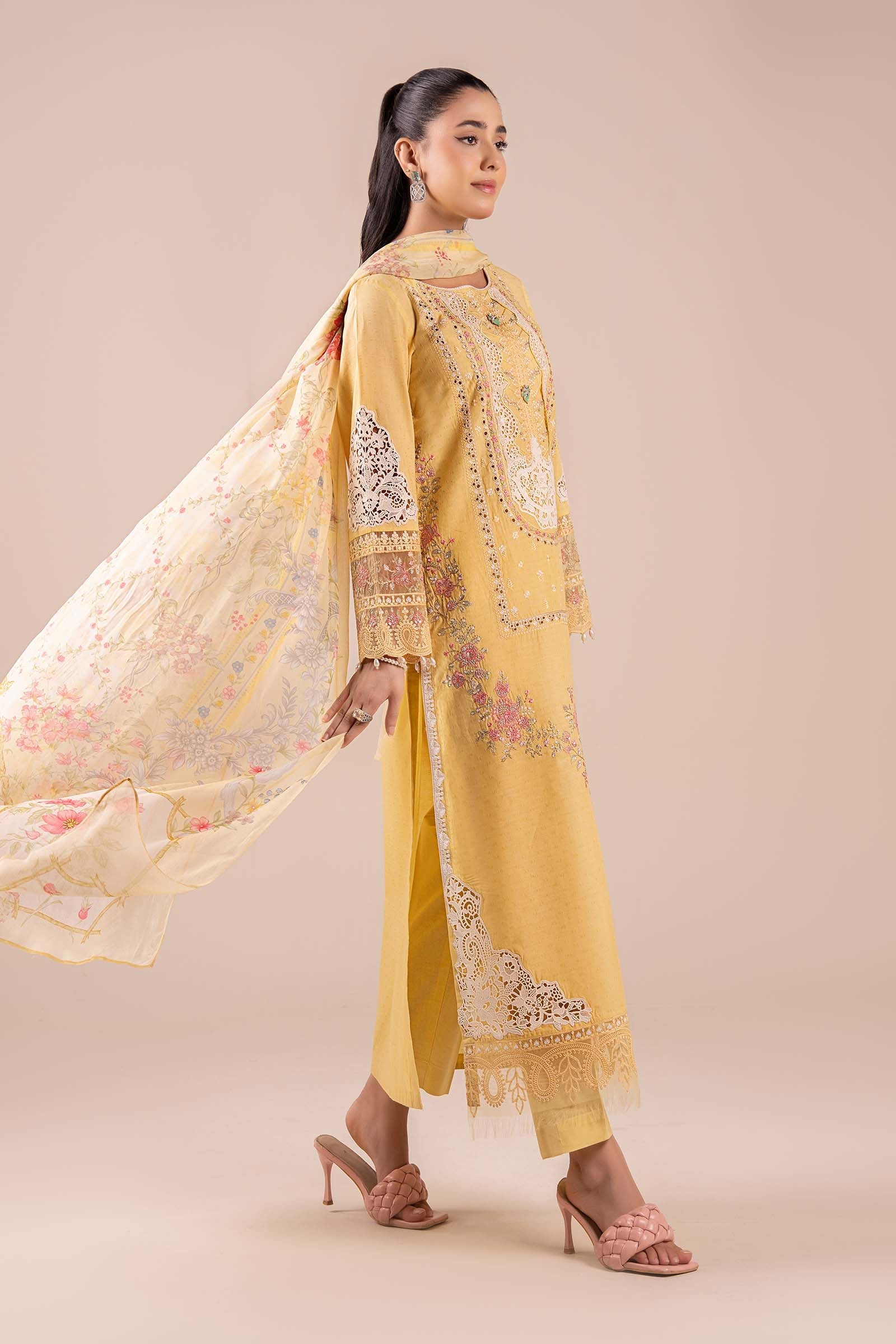 Yellow Embroidered Dobby Salwar Kameez (3-Piece) - Image 5