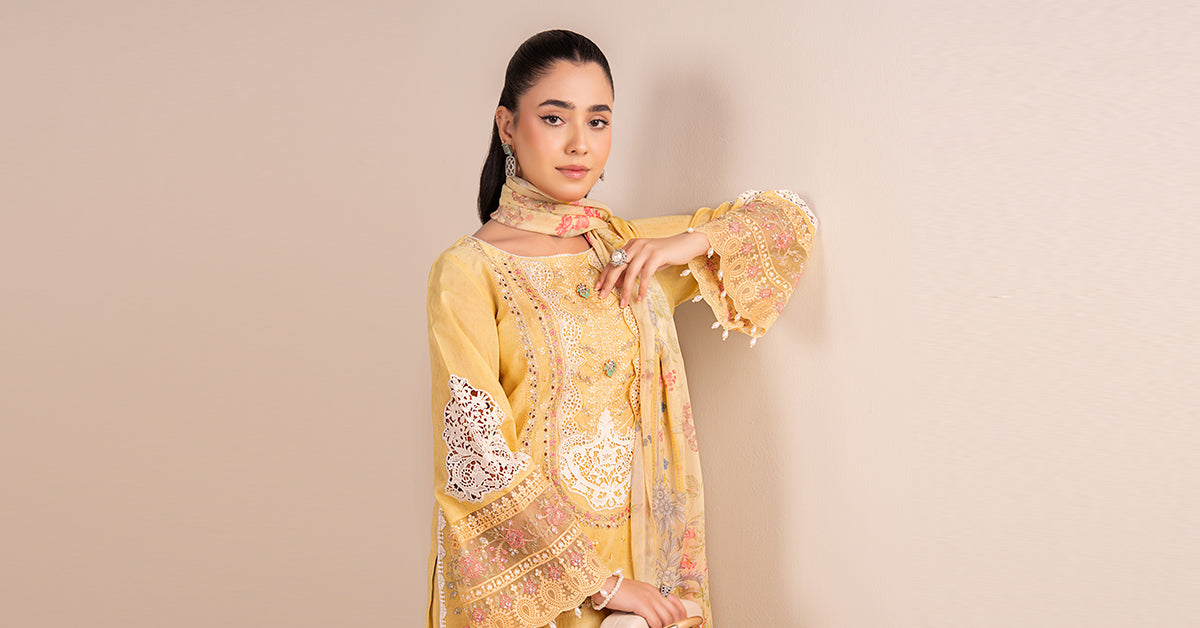 Yellow Embroidered Dobby Salwar Kameez (3-Piece) - Image 7