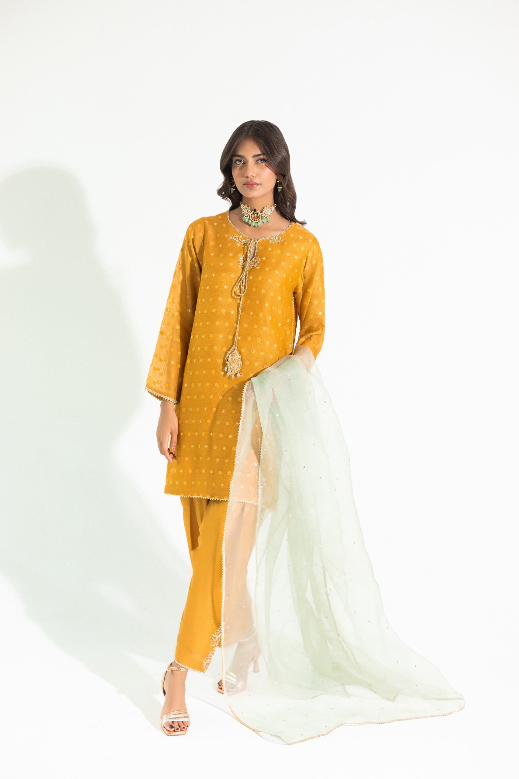 Pakistani Deep Mustard Handworked Embossed Net Salwar Kameez (3-Piece) - Image 1