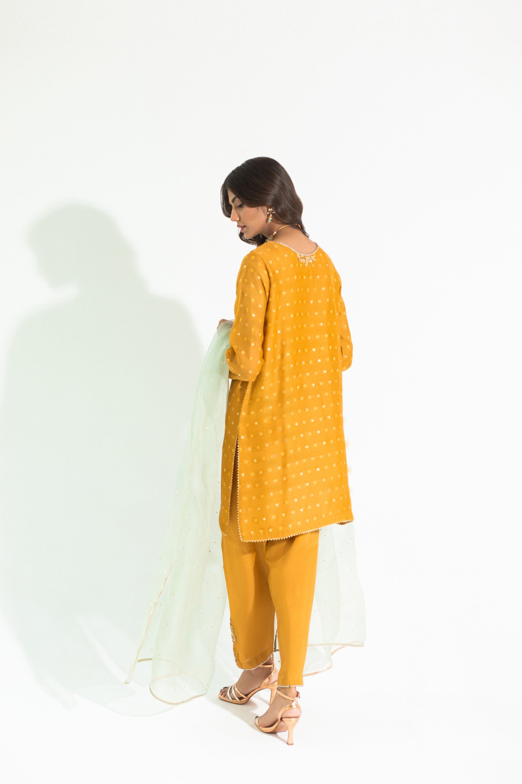 Pakistani Deep Mustard Handworked Embossed Net Salwar Kameez (3-Piece) - Image 2