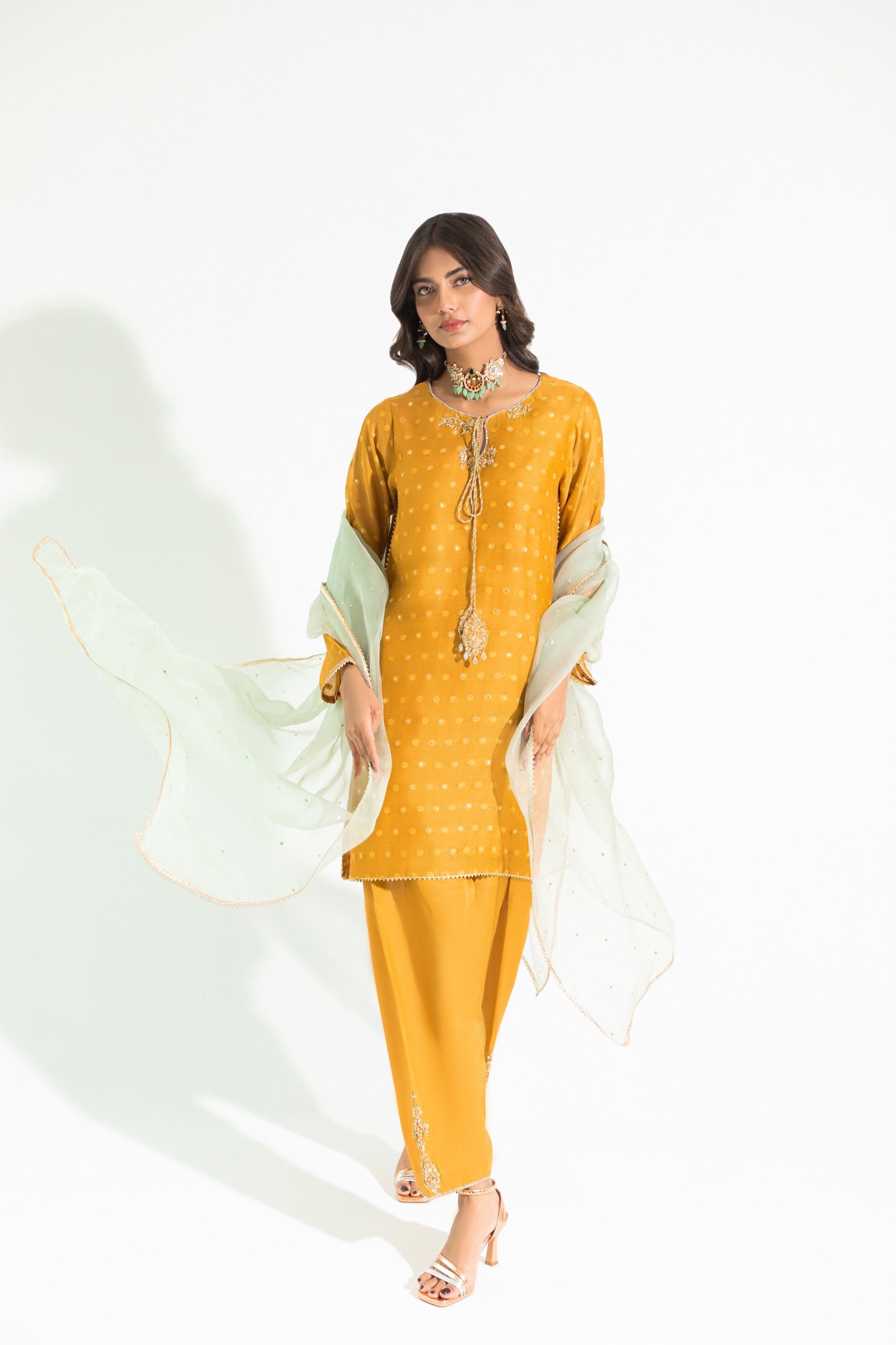 Pakistani Deep Mustard Handworked Embossed Net Salwar Kameez (3-Piece) - Image 3