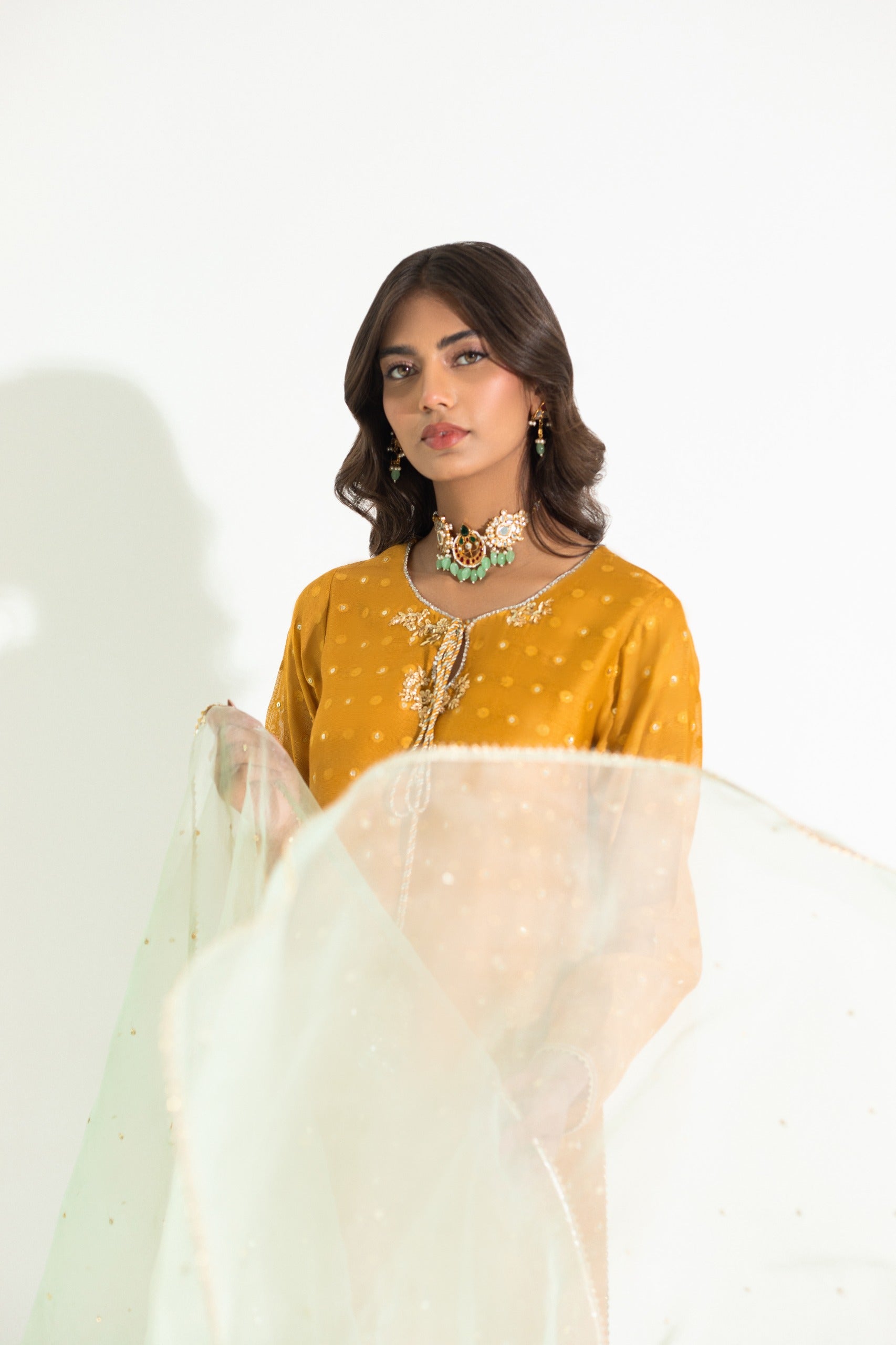 Pakistani Deep Mustard Handworked Embossed Net Salwar Kameez (3-Piece) - Image 4