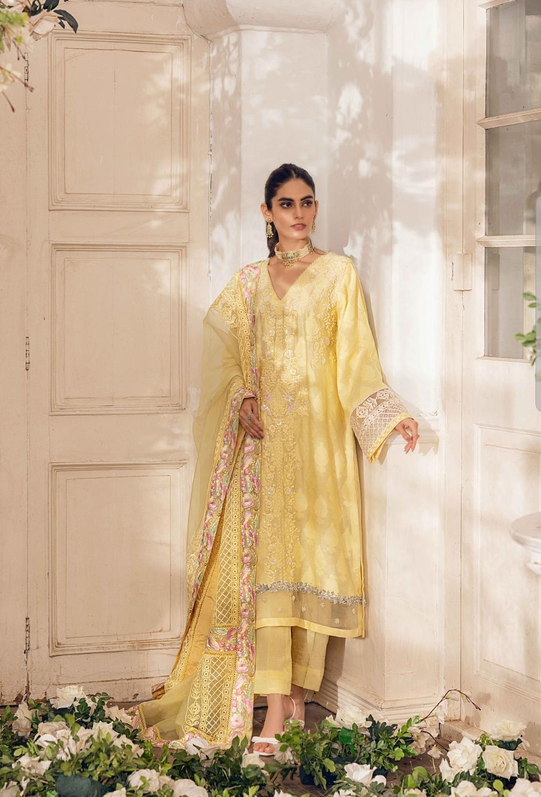 Pakistani Sunlit Yellow Embroidered Embossed Net Salwar Kameez (3-Piece) - Image 1