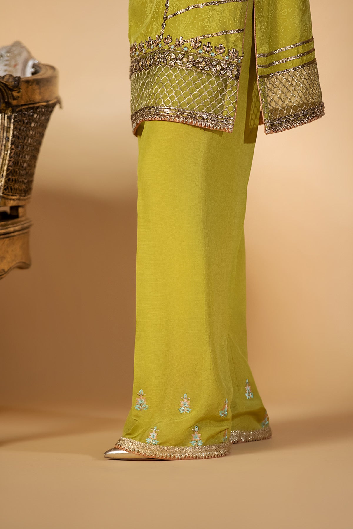 Pakistani Lime Yellow Gota Embroidered Silk Pants (1-Pc) - Image 1