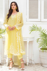 Lemon Yellow Appliqué French Cotton Net Salwar Kameez (3-Piece) - Image 2