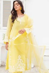 Lemon Yellow Appliqué French Cotton Net Salwar Kameez (3-Piece) - Image 5