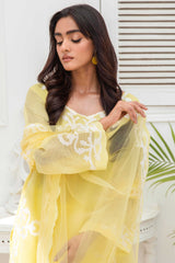Lemon Yellow Appliqué French Cotton Net Salwar Kameez (3-Piece) - Image 7