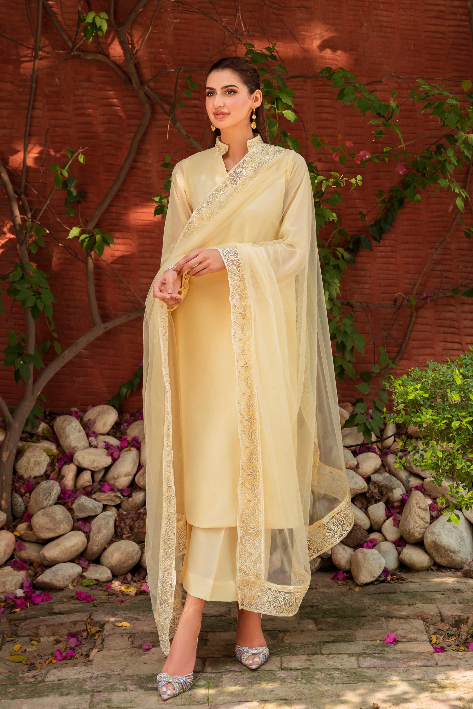 Lemon Yellow Embroidered Georgette Chiffon Salwar Kameez (3-Piece) - Image 2