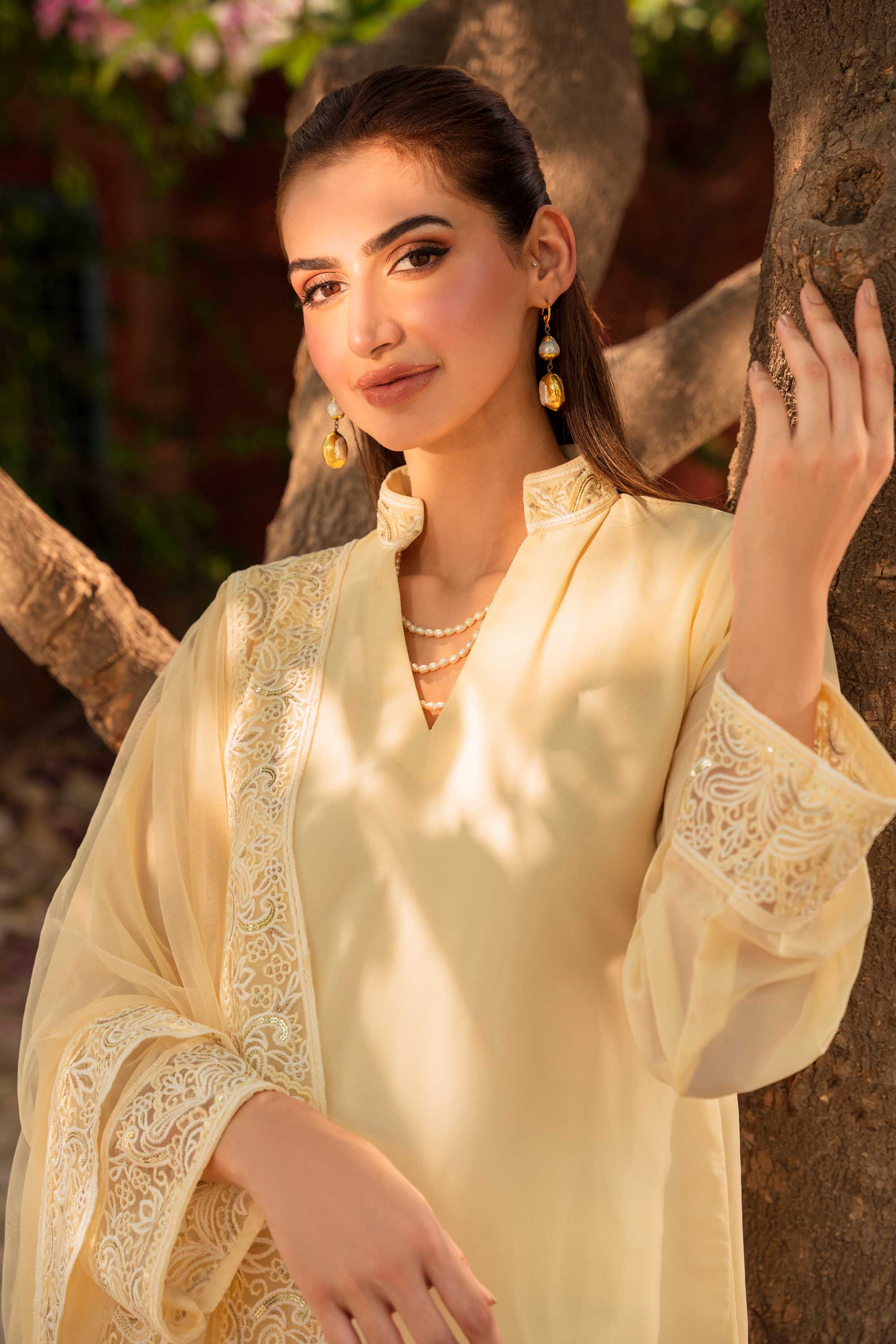 Lemon Yellow Embroidered Georgette Chiffon Salwar Kameez (3-Piece) - Image 3
