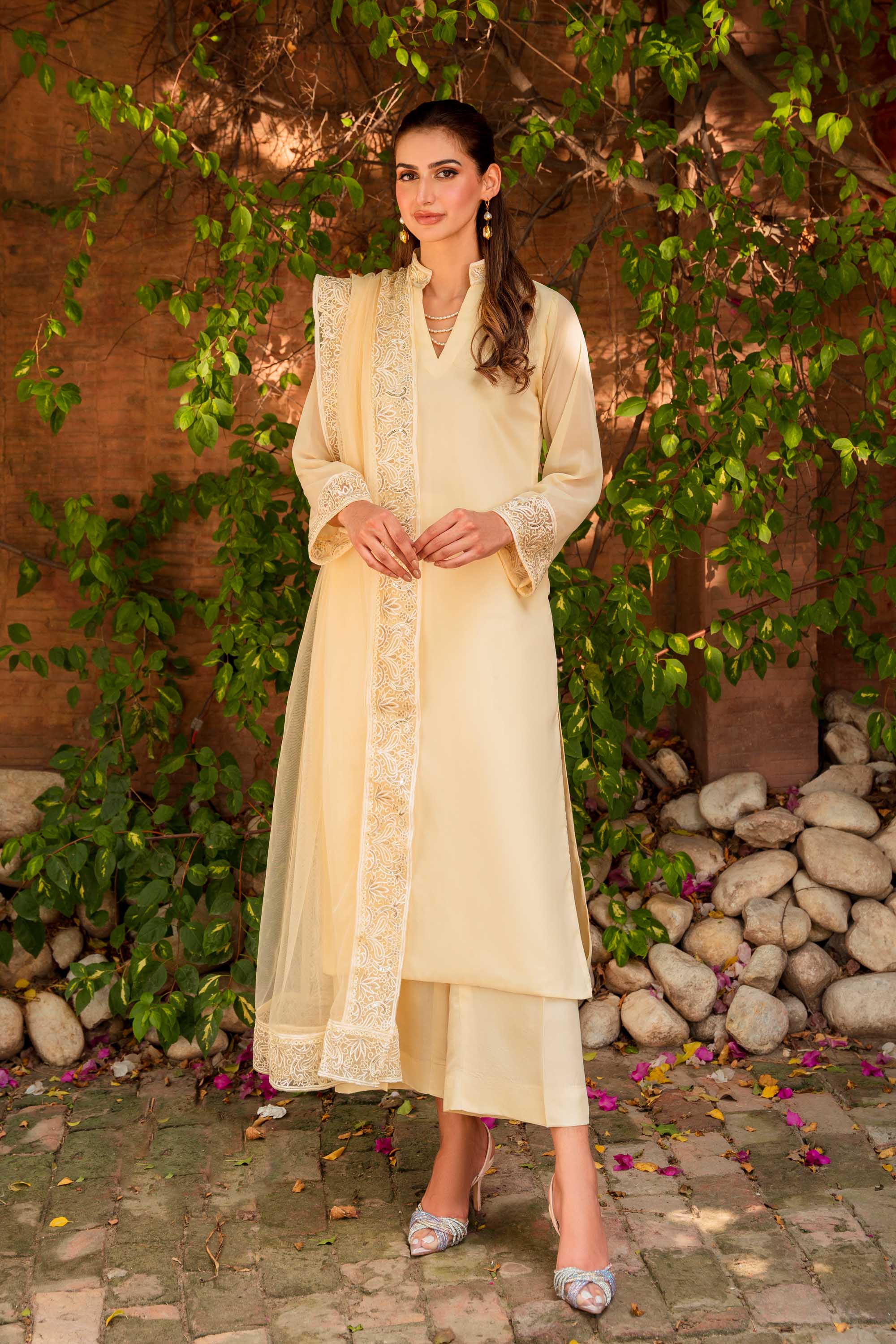 Lemon Yellow Embroidered Georgette Chiffon Salwar Kameez (3-Piece) - Image 4
