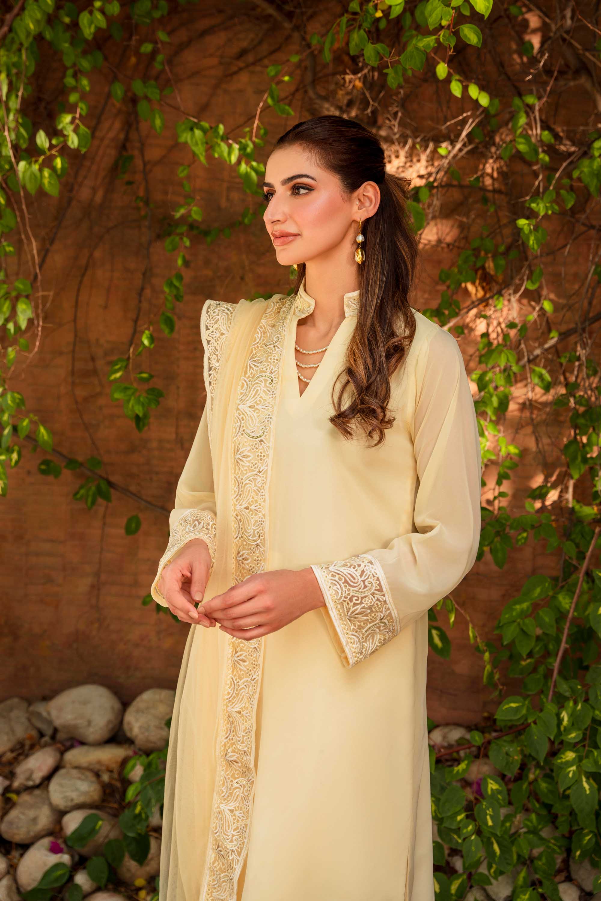 Lemon Yellow Embroidered Georgette Chiffon Salwar Kameez (3-Piece) - Image 5