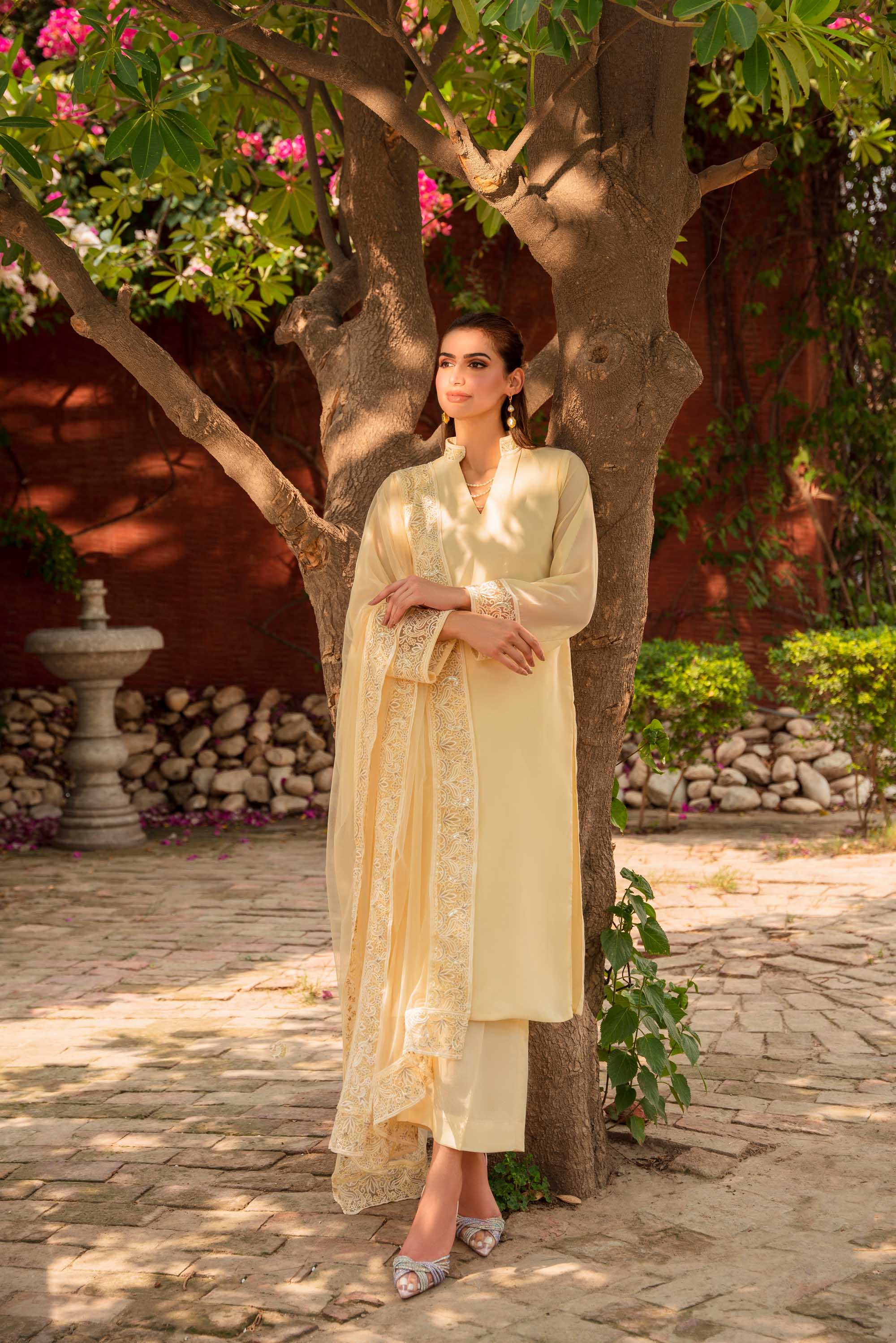 Lemon Yellow Embroidered Georgette Chiffon Salwar Kameez (3-Piece) - Image 6