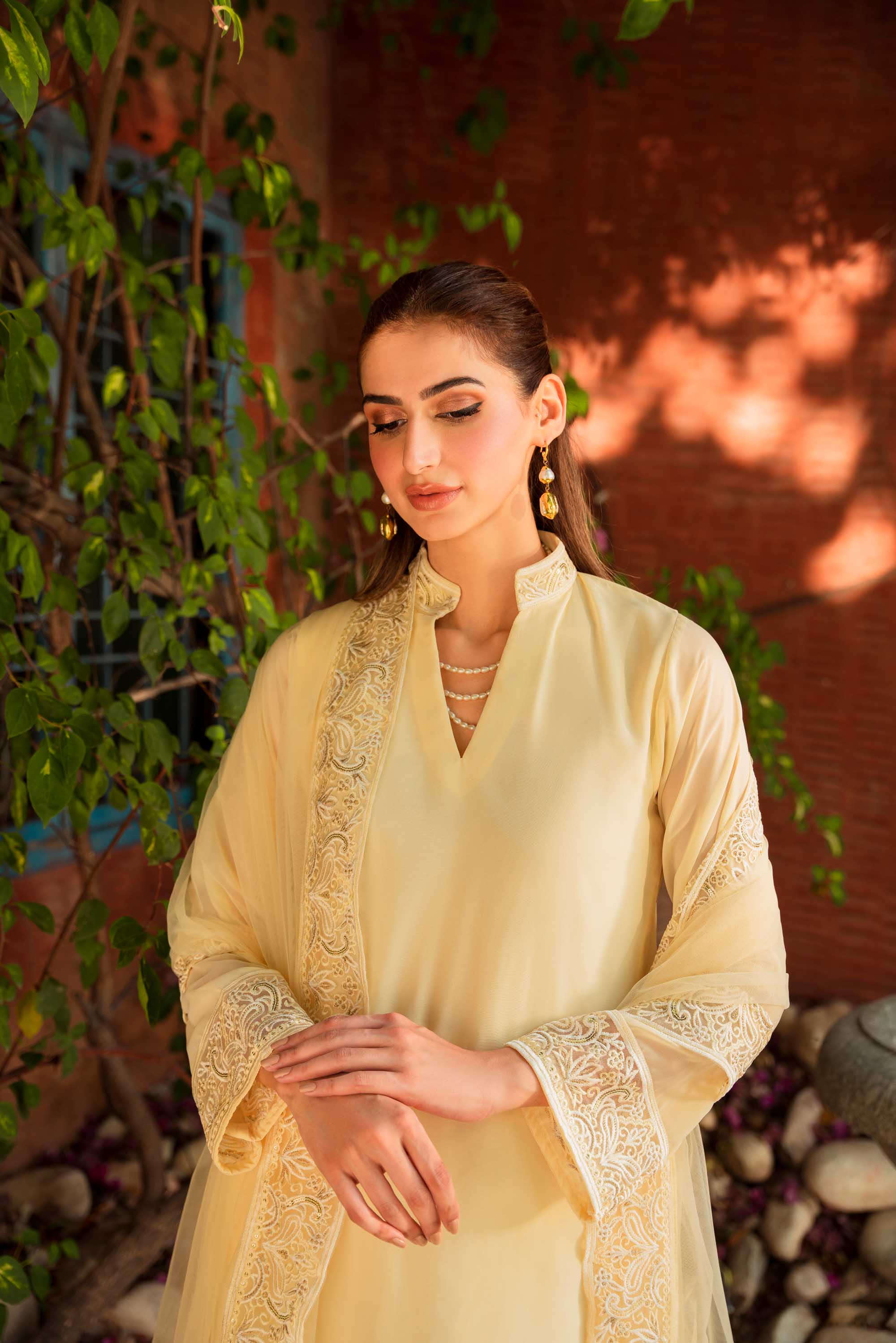 Lemon Yellow Embroidered Georgette Chiffon Salwar Kameez (3-Piece) - Image 7