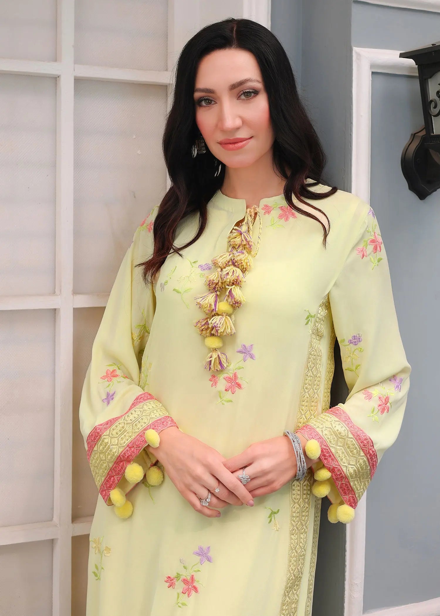 Pastel Yellow Embroidered Georgette Salwar Kameez (2-Piece) - Image 2