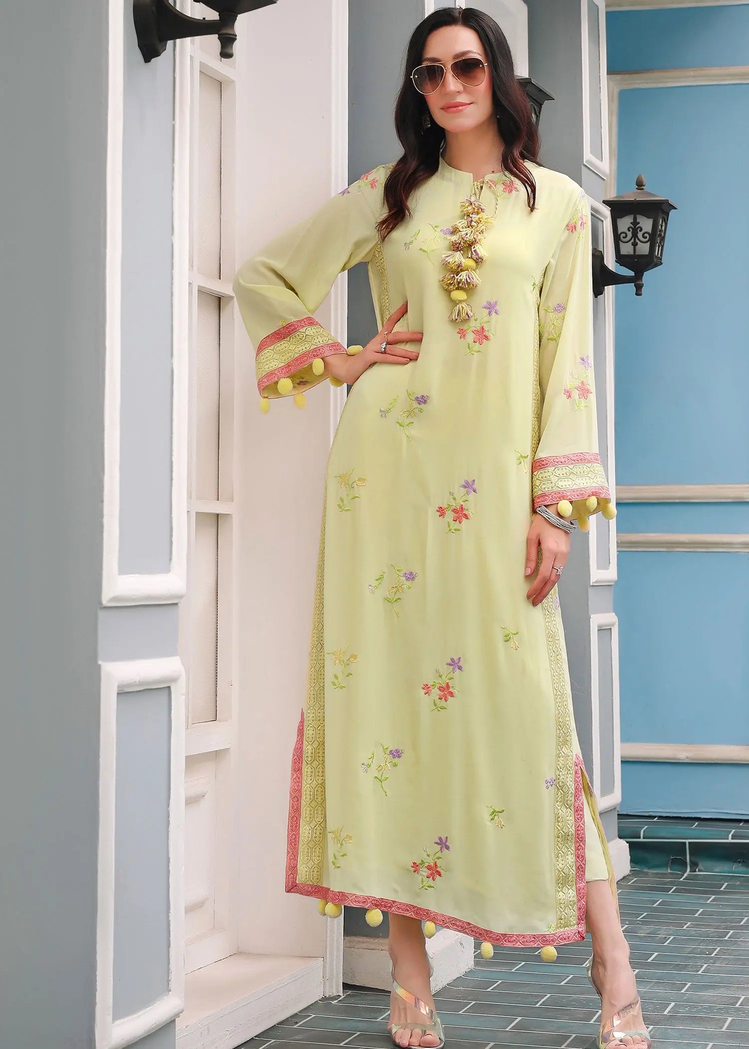 Pastel Yellow Embroidered Georgette Salwar Kameez (2-Piece) - Image 4