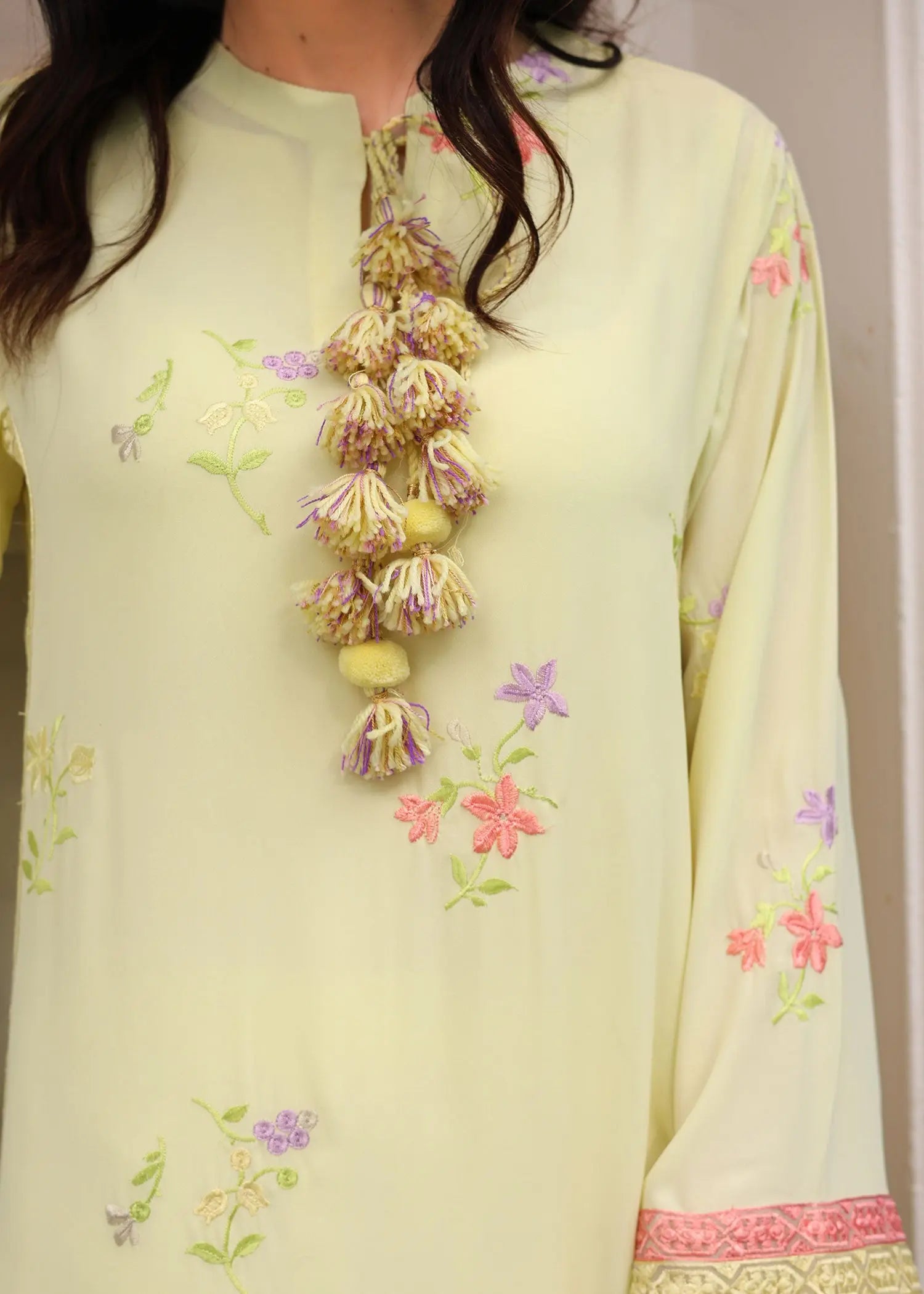 Pastel Yellow Embroidered Georgette Salwar Kameez (2-Piece) - Image 5